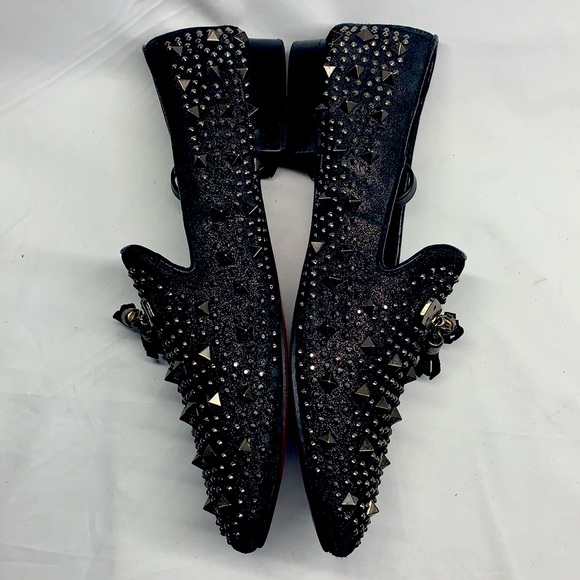 FIESSO Black Leather Loafers With Spike / Rhinestones Studs and Tassels - Picture 3 of 8